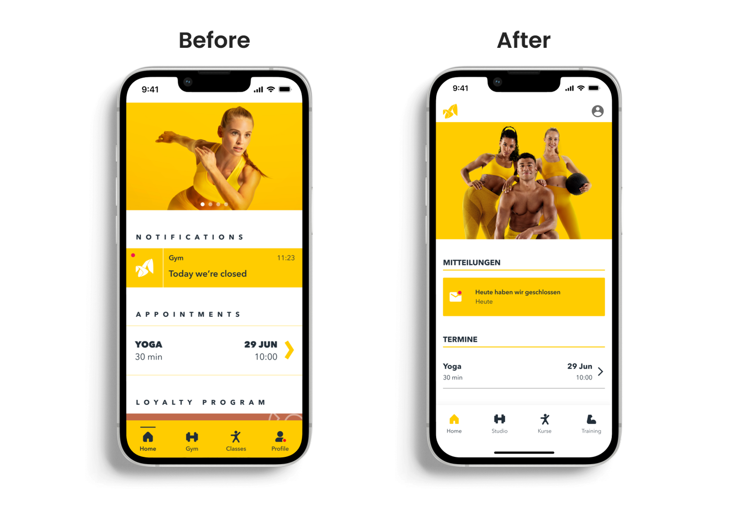 Before and after – Home screen: notifications and appointments