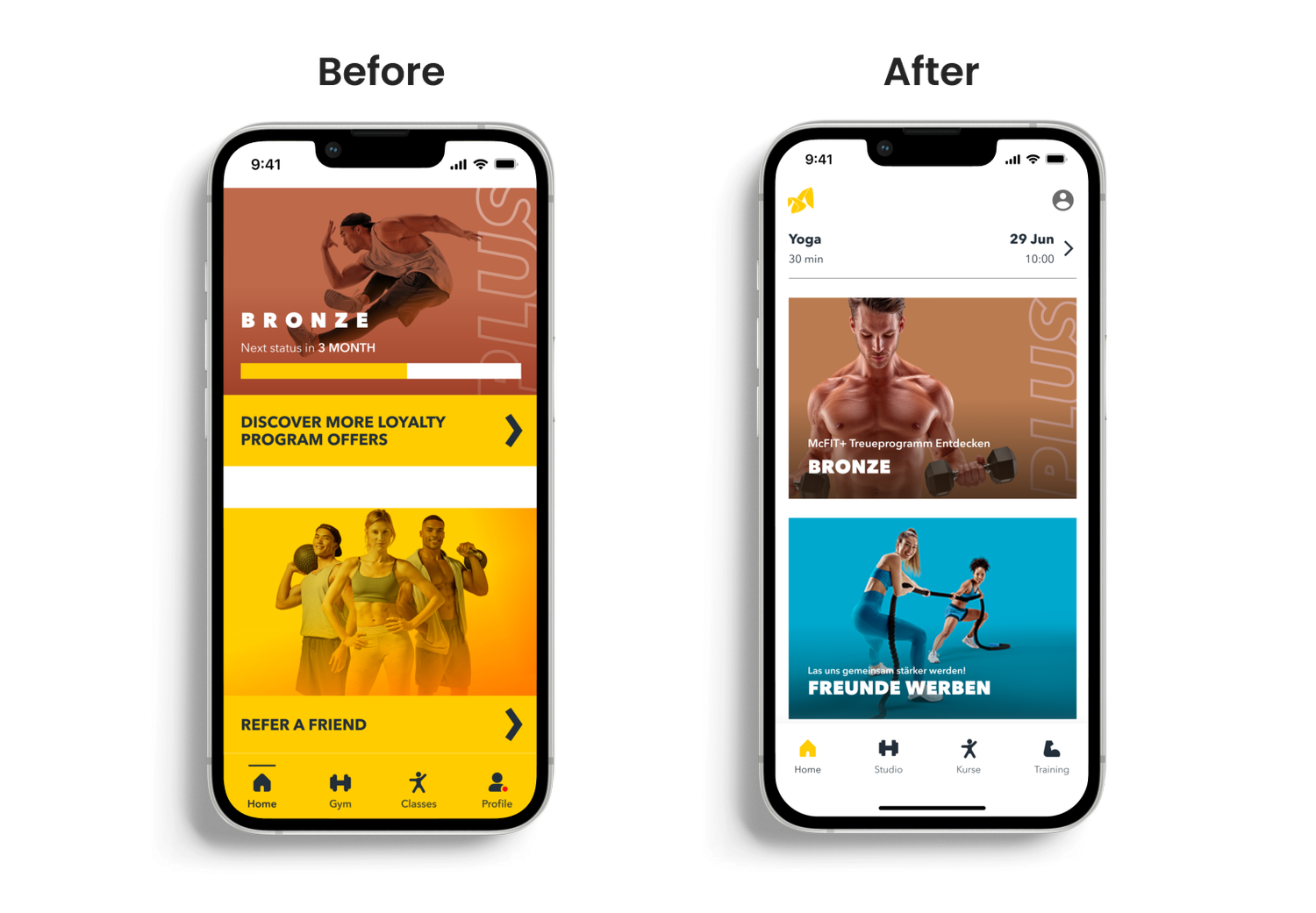 Before and after – Home screen: loyalty program and refer a friend