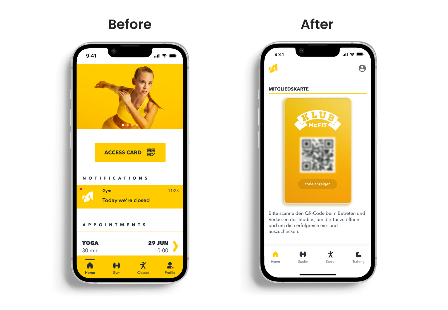 Before and after – Home screen: access card entry point