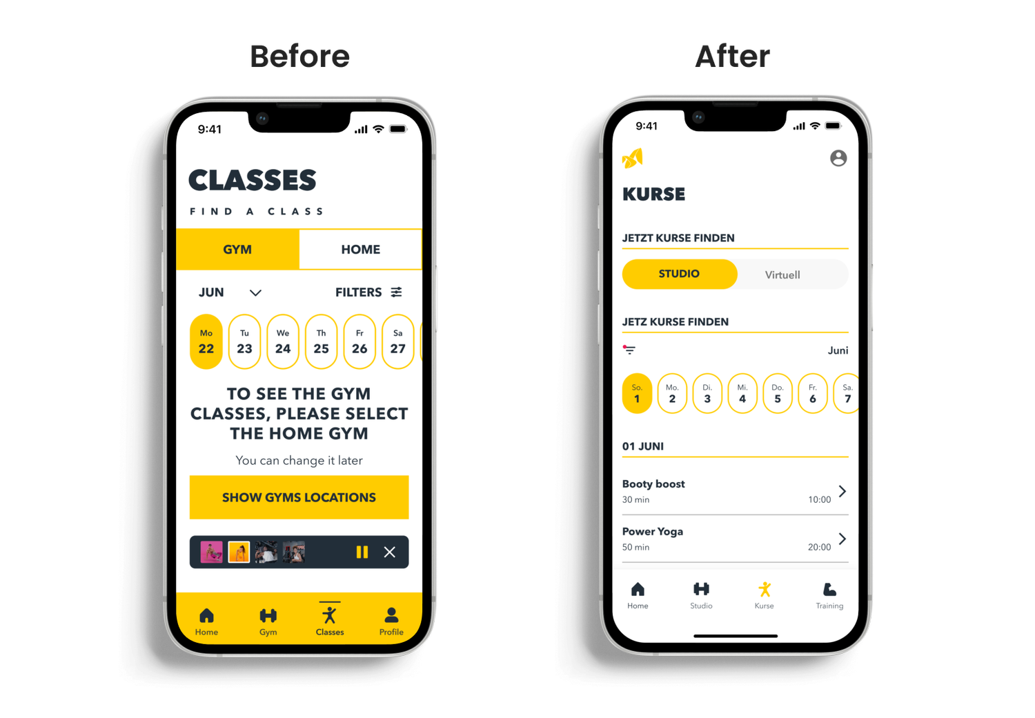 Before and after – Classes: studio and virtual course finder
