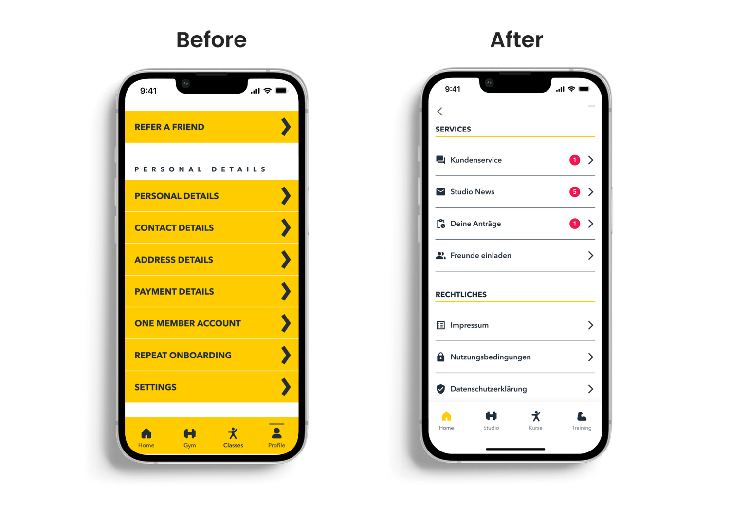 Before and after – Profile: services and legal menu