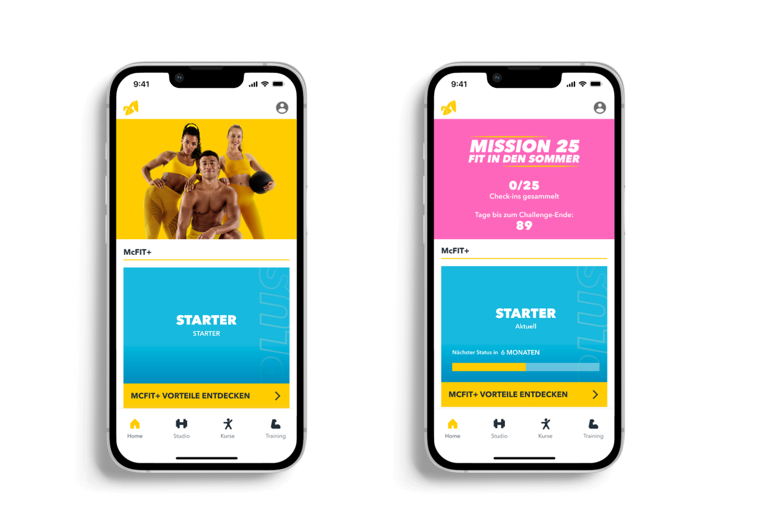 McFIT app – Home with McFIT+ status and challenge