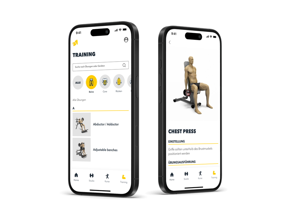 McFIT app training library and exercise detail screens