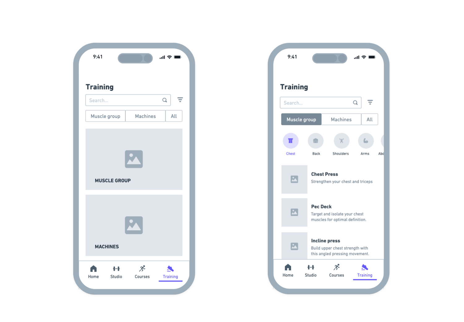 Training wireframes: overview and muscle group list