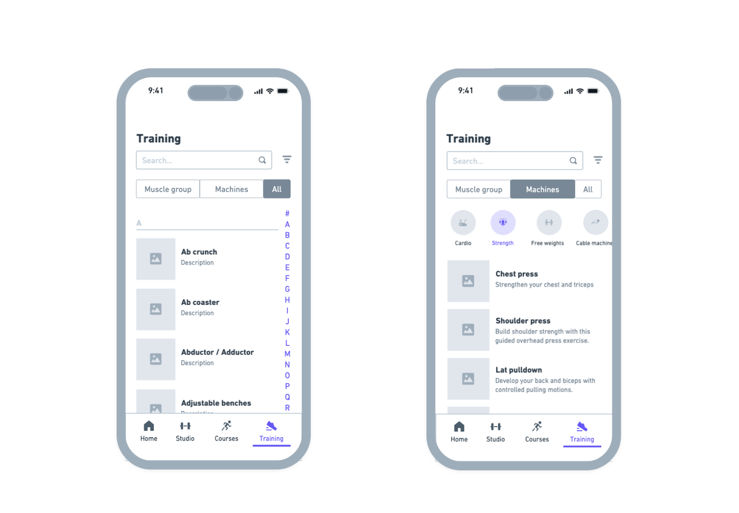 Training wireframes: A–Z list and machines