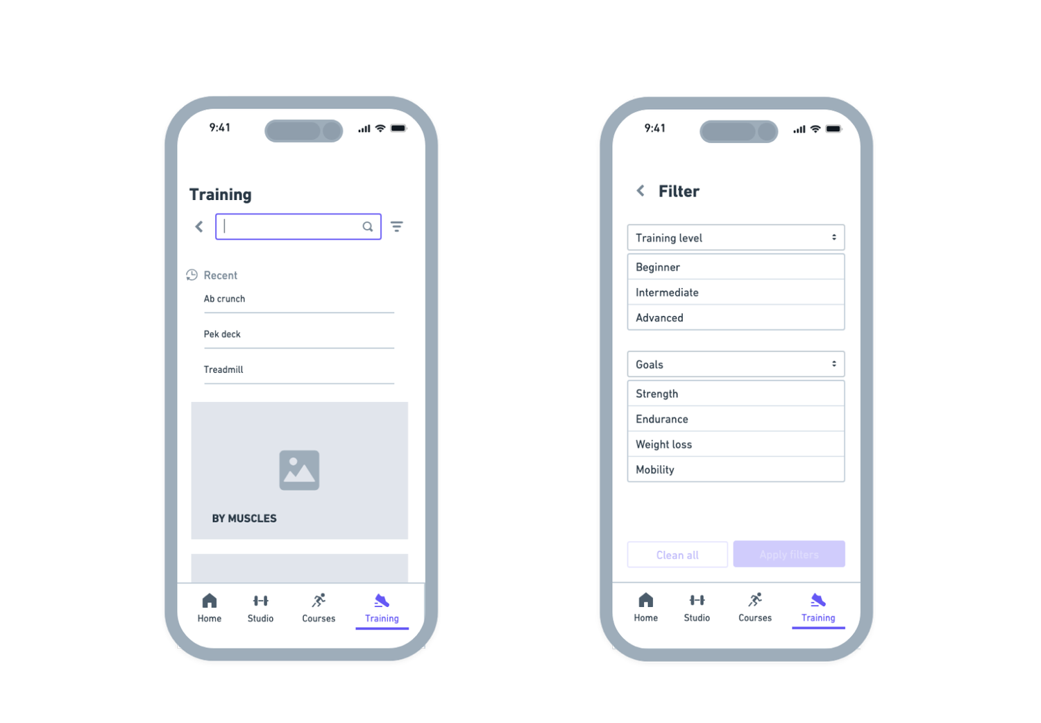 Training wireframes: search and filter