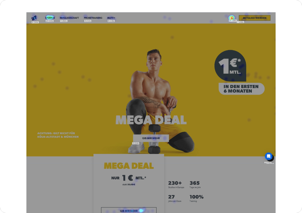 Click heatmap of the McFIT homepage hero